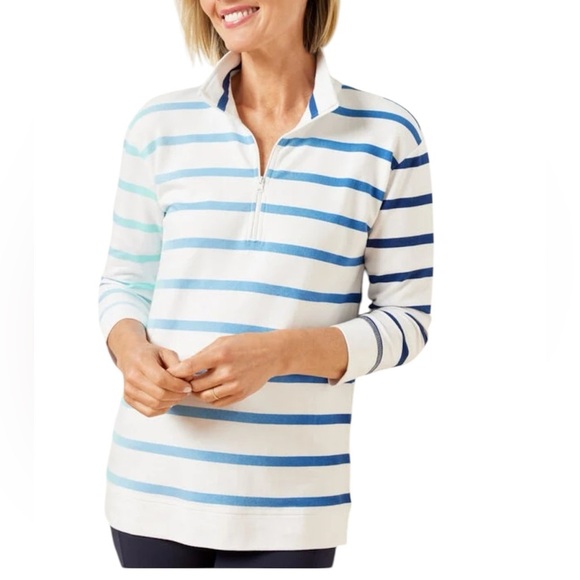 NWOT Talbots Striped Blue/White 3/4 Sleeve Quarter-Zip Pullover Size Small - Picture 1 of 11